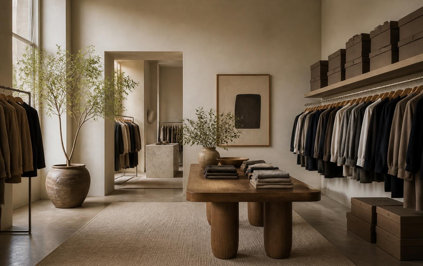 Neutral fashion showroom interior with clothing racks and stacked boxes