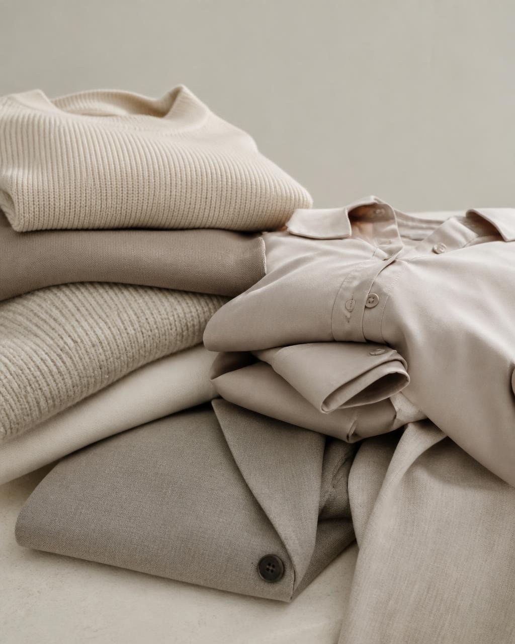 Folded neutral knitwear and tailored shirts in warm ivory tones